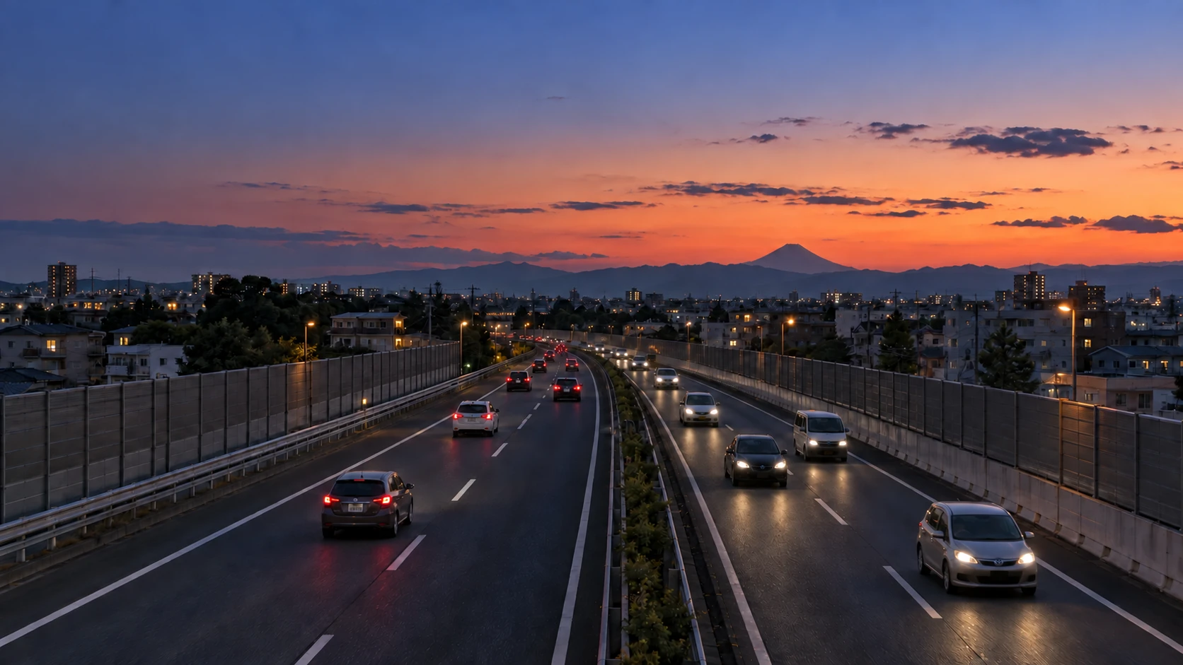 夕暮れの中央道・三鷹付近をイメージしたAI生成画像。車が行き交う道路の先に、遠く富士山を望む風景